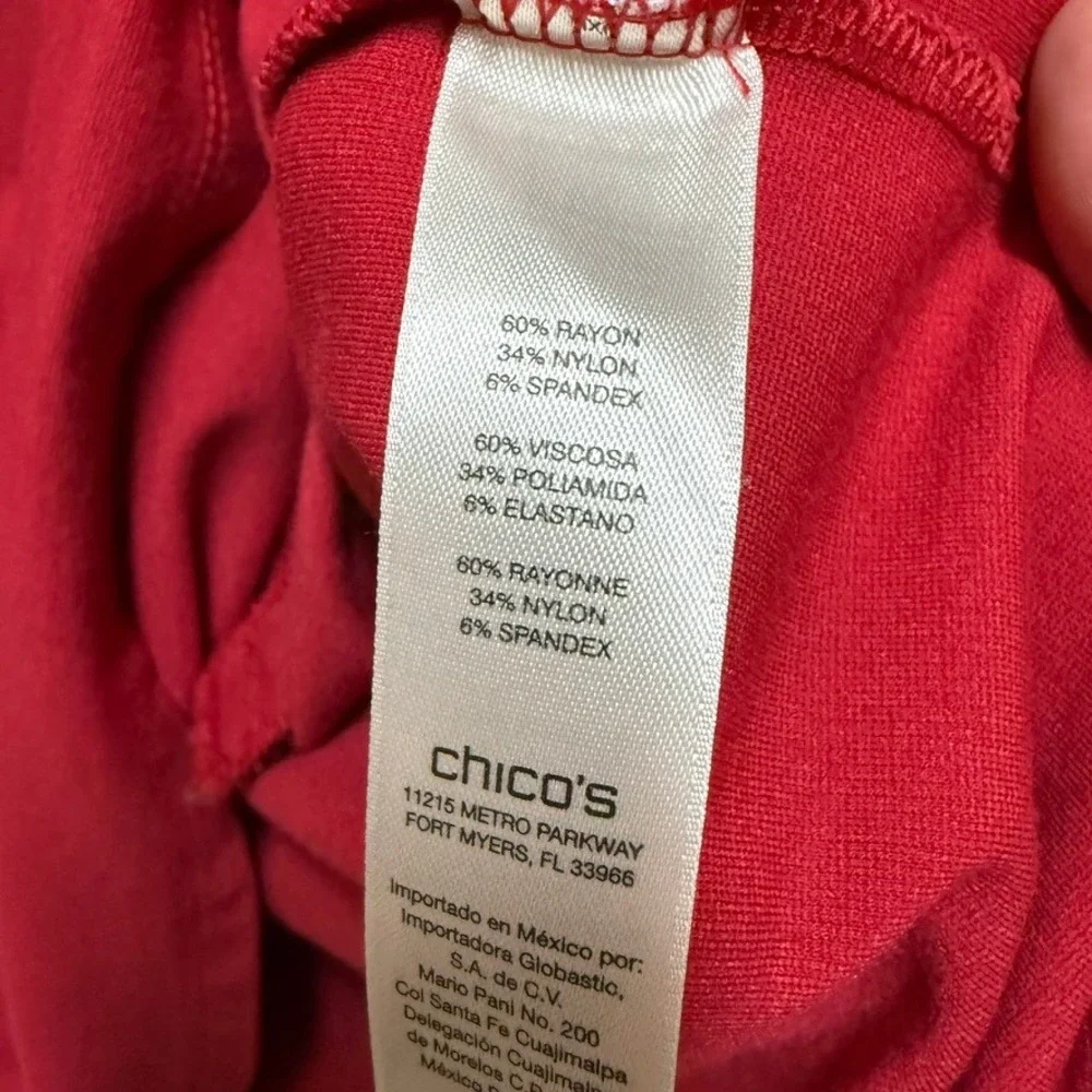Chicos Womens Red 3/4 Sleeve Scoop Neck Knit Top Front‎ Zipper Pockets Size 2 L